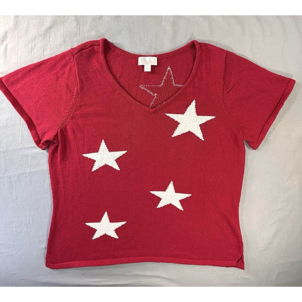 Belle By Kim Gravel Red Sweater With White Stars Women's XL Patriotic Nautical